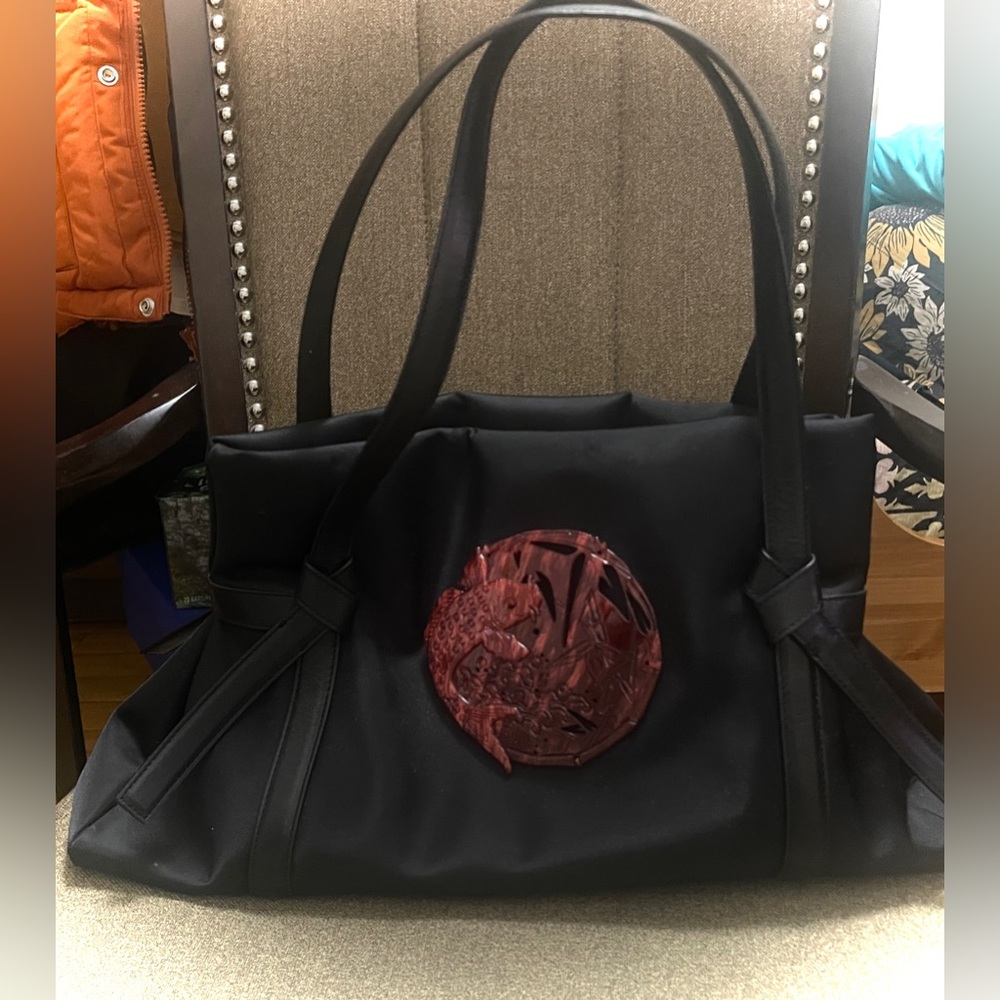 Kenzo Black Nylon and Leather Koi Fish Shoulder Bag